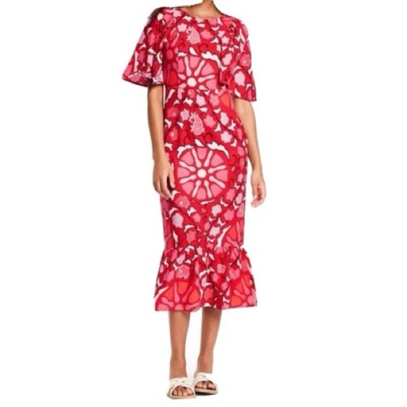 Rhode x Target Red Pink Zinnia Floral Midi Dress Size 10 Linen Rayon - Picture 1 of 10